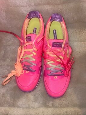 Skechers Women’s Bright Pink Athletic Sneakers with Orange and Purple Accents
